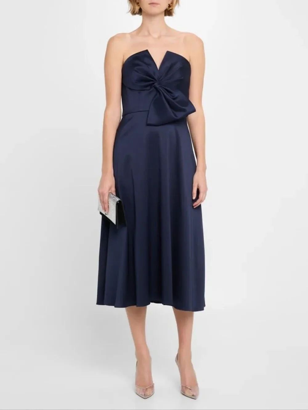 NWOT Aidan Mattox Blue Strapless Bow Front Stretch Mikado Midi Dress Size 12